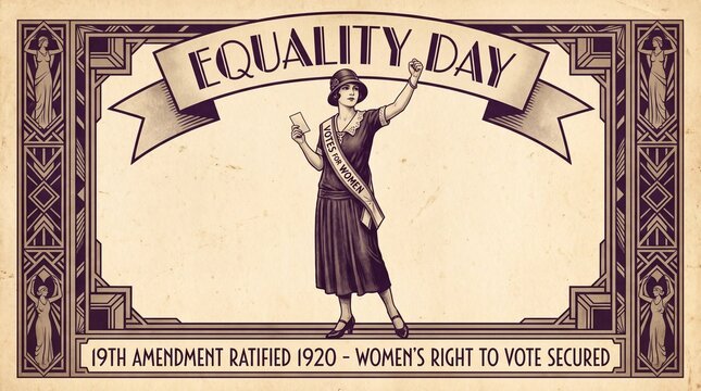 "Vintage Art Deco poster commemorating Women's Equality Day, suffragette in 1920s dress with Votes for Women sash raising fist, 19th Amendment ratified 1920 women's right to vote secured illustration"