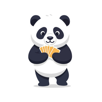 A cute cartoon giant panda stands while holding a hand of orange playing cards, looking happy and playful in a flat vector style.