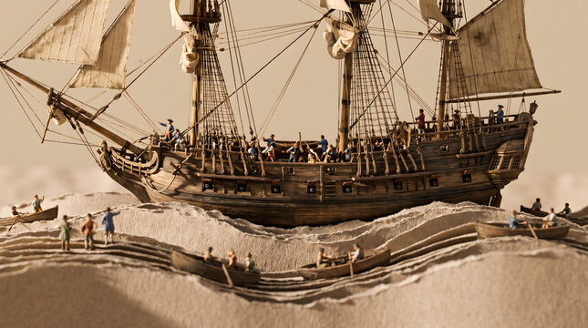 Detailed miniature model of a historic sailing ship navigating through stylized paper waves with tiny crew figures