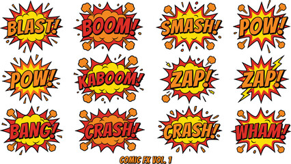 Retro Comic Book Sound Effects Flash Explosion Sticker Set with Boom Blast Kaboom and Wham Speech Bubbles for Graphic Novel and Poster Layout Designs © Khali