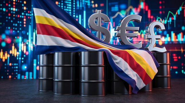 Seychelles flag draped over oil barrels with currency symbols standing in front of illuminated financial charts representing global market trends and economic analytics economy