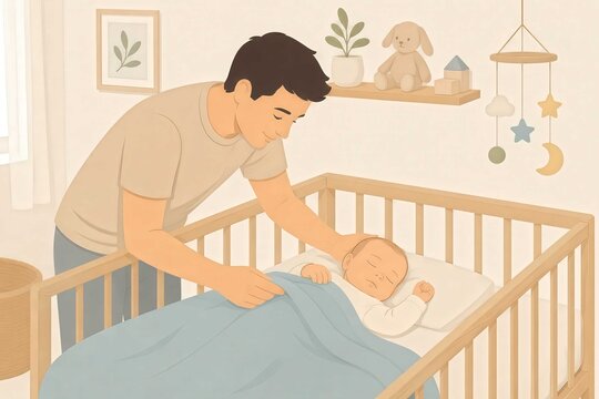 Minimalist illustration of a caring father gently tucking a sleeping baby into a crib in a cozy nursery representing bedtime routine and family love