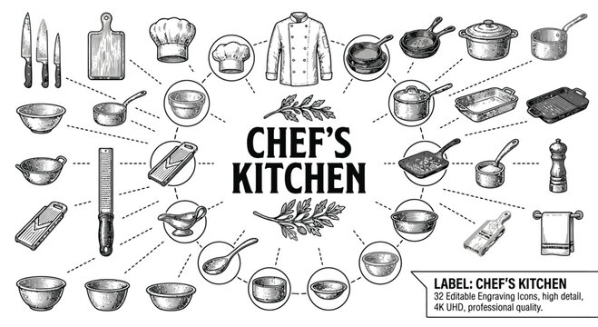 Black and White Engraving Style Chef's Kitchen Illustration Featuring Professional Culinary Tools, Cooking Icons, Chef Hat, Jacket, Knives, Pots, and Pans in a Circular Layout.