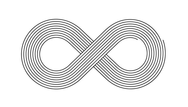 Modern abstract representation of an infinity symbol created with multiple parallel black lines on a white background.