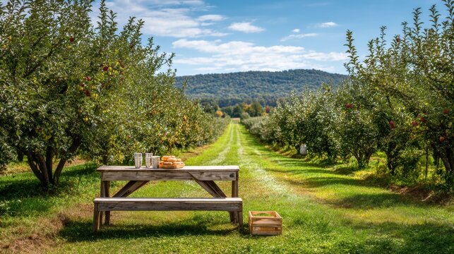 Wooden picnic table with fresh donuts and metal cups in sunny apple orchard. Harvest season landscape with rows of fruit trees on farm. Rural autumn outdoor activity and leisure time.