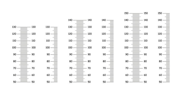 Simple height charts from 50 to 130, 140, 150 centimeters. Flat layouts for wall growth stickers. Set of Meter wall, growth black rulers.
