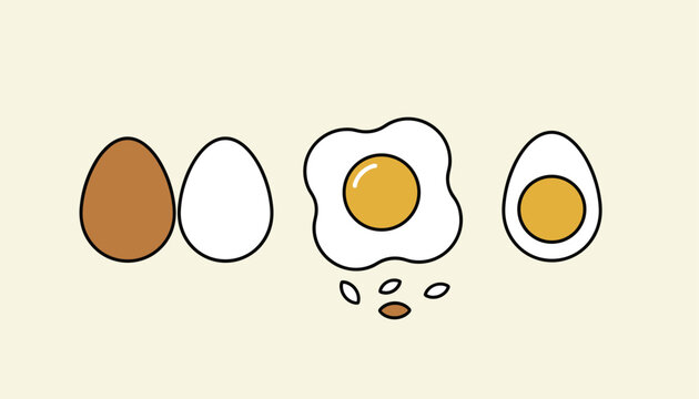 Selection of four egg styles including whole brown, whole white, fried, and half boiled eggs on a beige background.