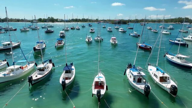 Breathtaking 4K drone b roll hovering over a calm Mediterranean harbor revealing dozens of luxury yachts and sailing boats resting on crystal clear sun dappled turquoise water