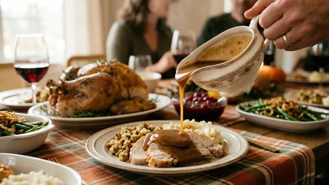 A cozy family meal with turkey, stuffing, and a variety of side dishes on the table, set against the backdrop of a holiday feast. A person is pouring gravy into plates.