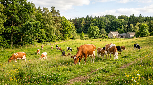 Dos vacas pastando en un prado rodeado de bosque con luz natural. Escena de ganader&iacute;a tradicional en un entorno rural tranquilo y lleno de vegetaci&oacute;n.