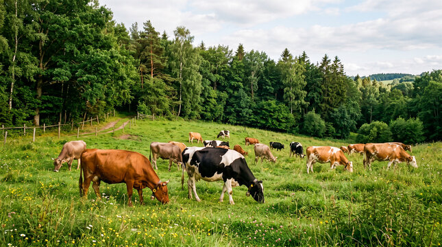 Dos vacas pastando en un prado rodeado de bosque con luz natural. Escena de ganader&iacute;a tradicional en un entorno rural tranquilo y lleno de vegetaci&oacute;n.