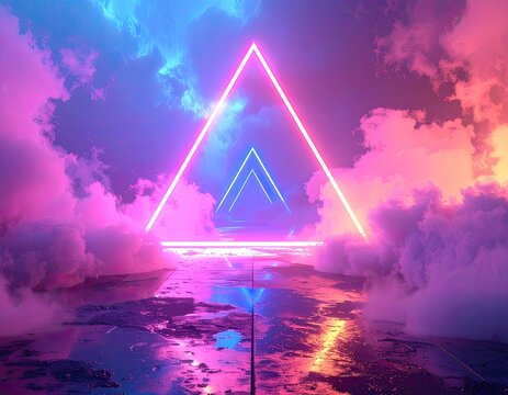 Neon triangles ascend through ethereal clouds reflecting on wet ground