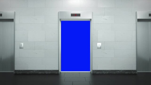 Modern Elevator Lobby with Chrome Doors and Blue Screen Background