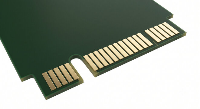 Macro view of gold-plated edge connector pads on an M.2 NVMe circuit board against white.
