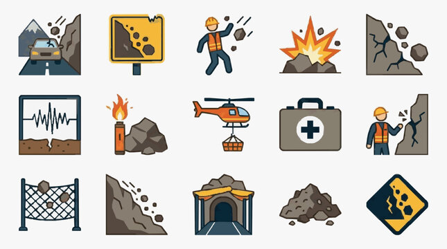Creative Illustrated Icons Set Featuring Hazardous Mining Scenes Safety Gear and Rescue Operations in Flat Design