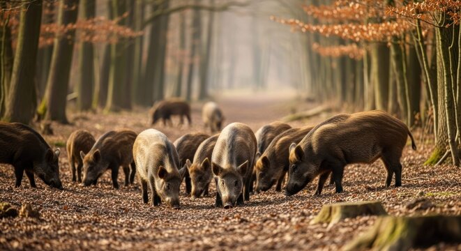 Wild boars forage for food in a forest on a foggy day