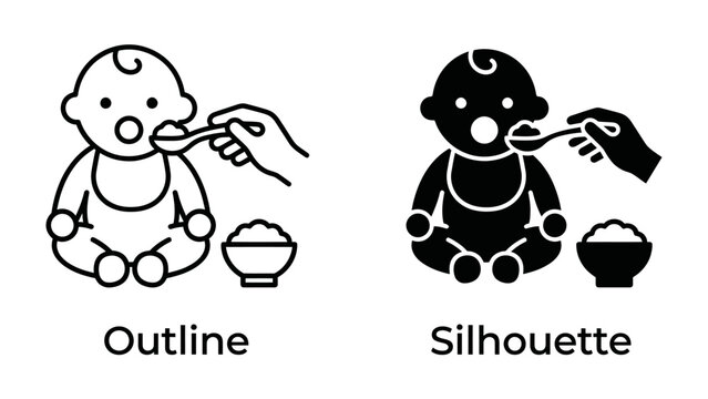 Feeding Baby Icons: A charming illustration in both outline and silhouette forms depicts a baby wearing a bib being spoon-fed from a bowl, representing early nutrition and care.