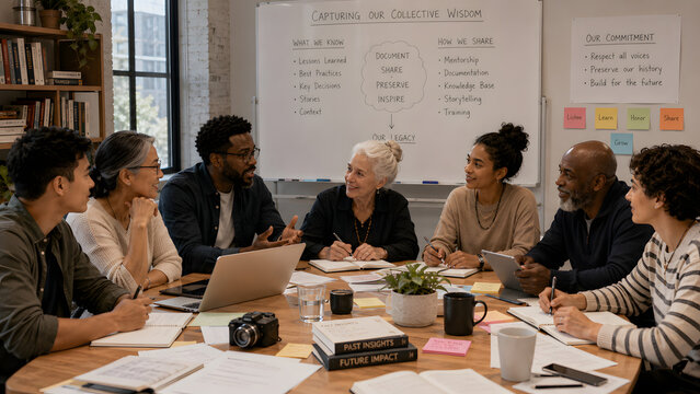 Diverse team documenting collective organizational wisdom and knowledge