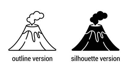 Volcano Icon: A simple graphic representation of a volcano, available in both outline and silhouette versions, showing smoke billowing from its crater. © babuni