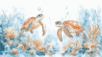 Sea Turtles & Coral isolated watercolor vector illustration svg © Arun168