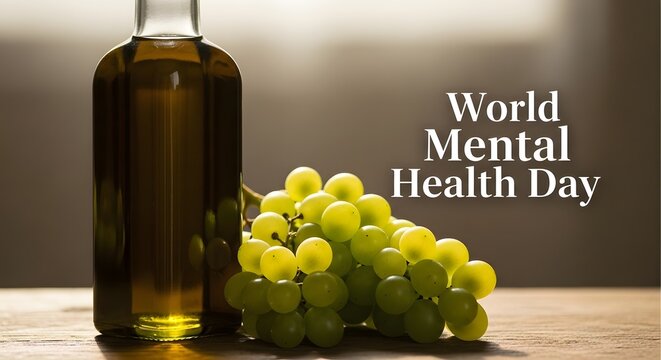 World mental health day concept with a bottle of wine and fresh green grapes on a wooden table