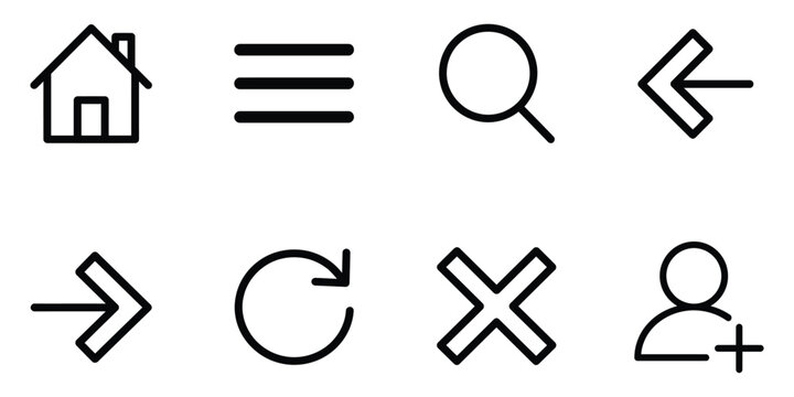 Navigation and web interface line icon set including home search user menu arrow buttons for website and mobile application UI design with navigation