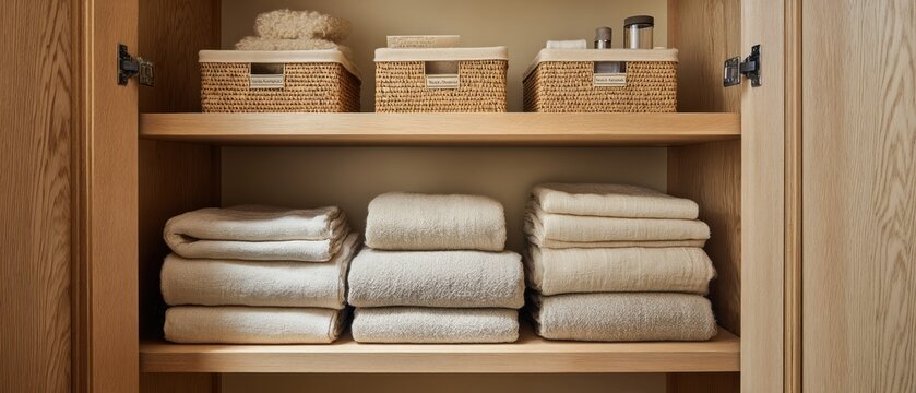 Organized wooden shelf with folded linen towels and wicker storage baskets in wardrobe. Home interior design and decluttering concept for minimalist lifestyle and bathroom storage system.