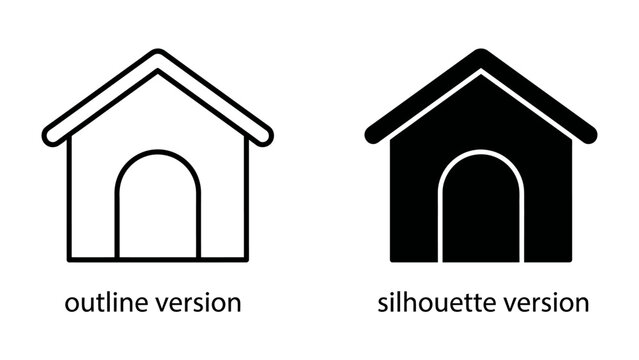 Dog House Outline and Silhouette: A simple and clear graphic representation of a dog house, shown in both an outline and silhouette version, ideal for icon or symbol use.