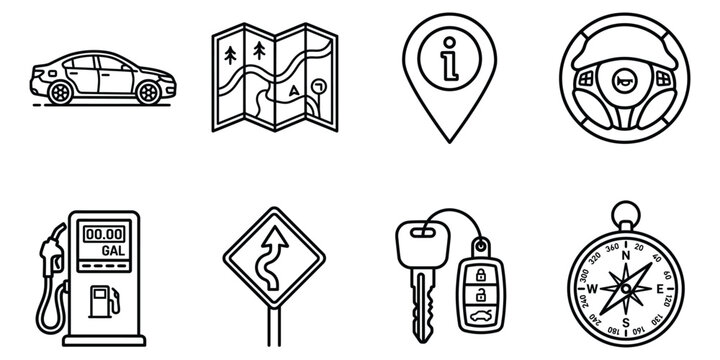 Car travel and navigation icons: car map gps pin steering wheel gas pump road signs keys compass with gas station road sign traffic key