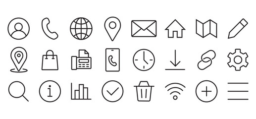 Naklejka na ściany i meble Minimalist line icon set of 24 web and business symbols, thin stroke outline icons for UI design, modern interface navigation elements for mobile apps