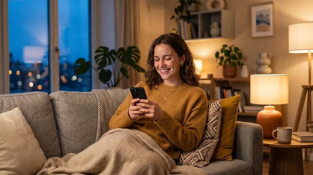 Happy Young Woman Using Smartphone While Relaxing on Sofa at Home