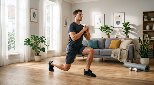 Young Man Performing Forward Lunge Exercise During Home Workout in Modern Living Room