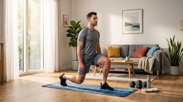 Young Man Performing Forward Lunge Exercise During Home Workout in Modern Living Room