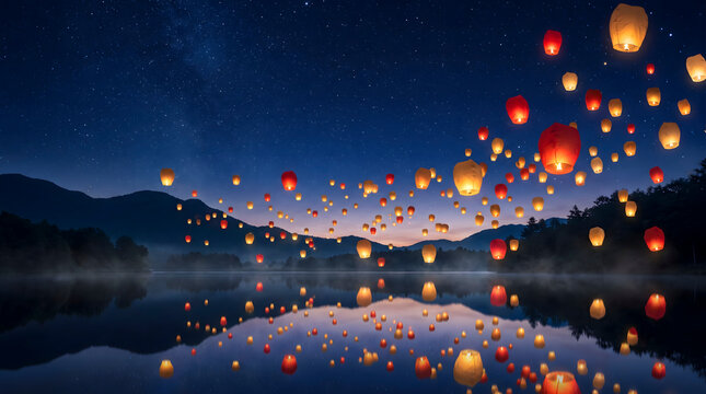 Glowing sky lanterns floating over lake at night.