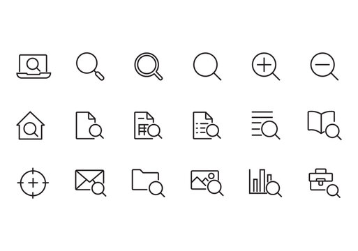Minimalist search line icons set, 18 vector magnifying glass symbols for web interface, black outline discovery and analysis signs for business apps