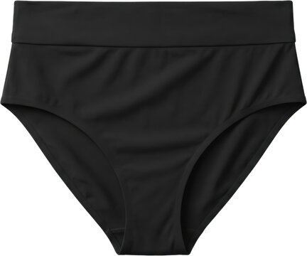 A pair of black high waisted bikini bottom swimwear with a wide elastic waistband and full coverage silhouette made from stretchy synthetic fabric suitable for summer beach or pool