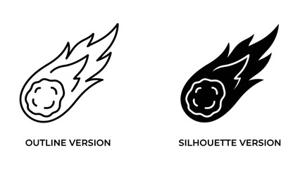Meteorite Icon: A stylized depiction of a meteorite with a fiery trail, presented in both outline and silhouette versions for versatile design applications. © rumana