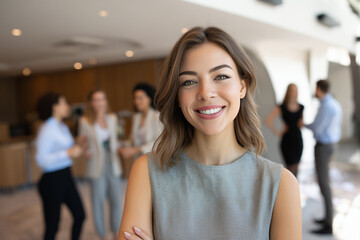Fototapeta premium Portrait of happy smiling confident young very attractive businesswoman CEO professional manager entrepreneur in a skirt in a business meeting teamwork looking at camera, diverse businesspeople 