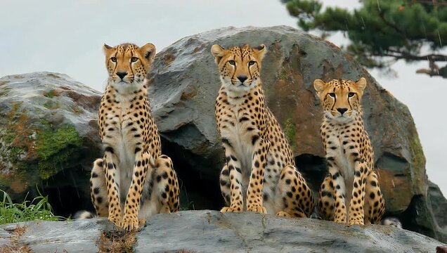 Powerful 4K wildlife video capturing three wild African cheetahs sitting alert on a rocky kopje outpost during a torrential monsoonal downpour in the savanna