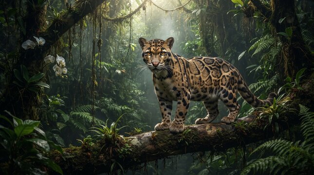 Clouded Leopard Standing on Mossy Branch in Misty Rainforest, World Clouded Leopard Day Concept