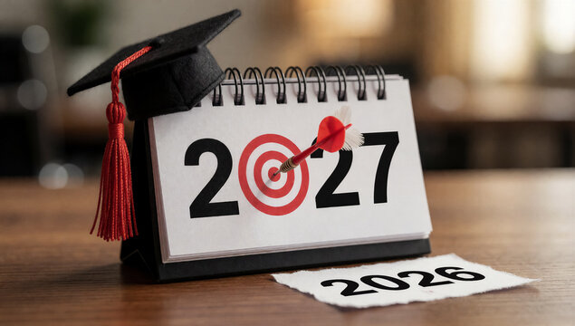Calendar turning 2026 to 2027 with graduation cap and target