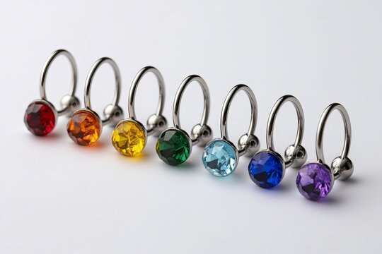 Colorful gemstone body piercing rings isolated on white background, Stainless steel curved barbells with multicolored crystal jewelry.