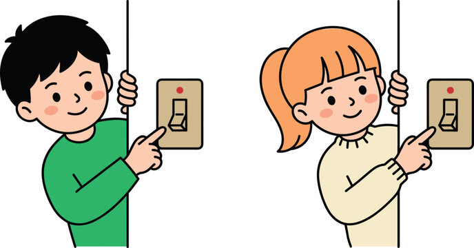 Cute Cartoon Boy and Girl Turning Off Light Switch to Save Energy and Electricity Concept Illustration for Educational Posters and Children Books