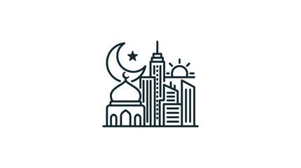 Obraz premium Islamic cityscape with crescent moon and sun icon