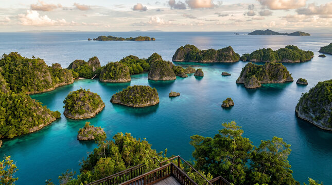 Stunning aerial view of Raja Ampat tropical island archipelago in Indonesia.