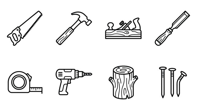 Carpentry and woodworking tools line art icons set with carpentry woodworking measurement construction handyman hardware equipment workshop