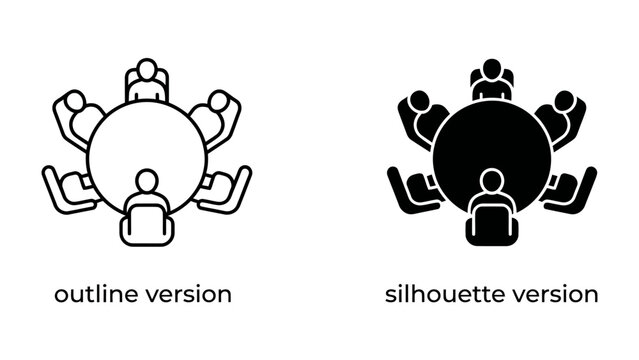 Meeting Icons: Two stylized icons depicting a round table meeting, one in outline and the other in silhouette, representing collaboration and discussion.