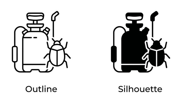 Pest Control Icon Set: Two pest control icons, one outline and one silhouette, featuring a spray bottle and a beetle, representing pest management and insecticide application.