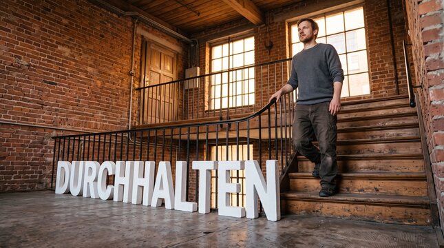 Mann in Drei&szlig;igern steigt in Untersicht eine Holztreppe in einem Industrieloft hoch neben gro&szlig;en wei&szlig;en Buchstaben mit dem Wort DURCHHALTEN