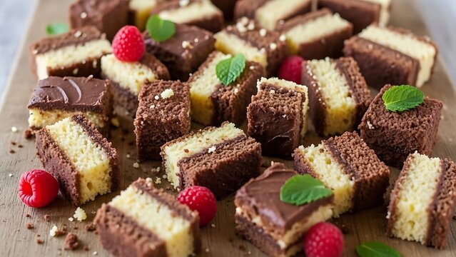 Assorted layered chocolate and vanilla cake squares with raspberries and mint leaves arranged in a geometric patterned optical display